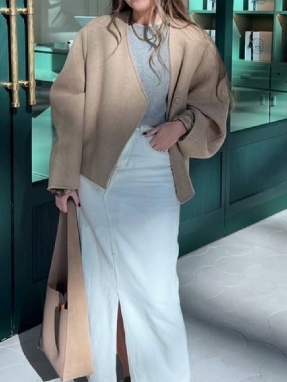 Mango Size M cream denim button front High-Waist Midi Skirt with double Slits